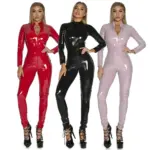 Women's Wet Look Shiny PU Faux Leather Jumpsuit Suit Long Sleeve Zipper Open Crotch Latex Bodysuit Clubwear Plus Size