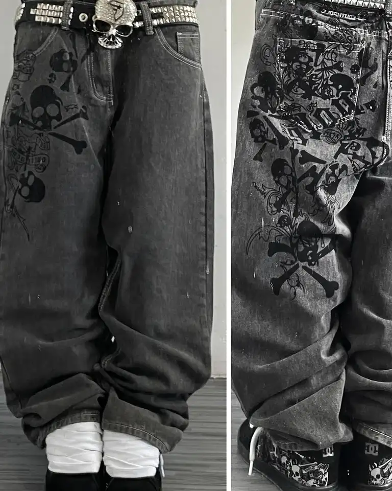 Y2K Street New Skull Embroidered Jeans American Fashion Trendy Retro Pants Men Hip Hop Gothic Harajuku Punk Loose Wide Leg Pants - Image 2