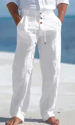 Men's Autumn Spring Cotton Pants Casual Breathable Cozy Trousers Button Drawstring Design Beach Style Vacation Long Pants