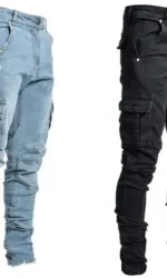 Men Street Elastic Denim Jeans Wash Solid Color Multi Pockets Cargo Pants Casual Slim Fit Daily Wear Joggers Mid Waist Trousers
