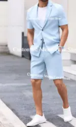 Summer Men's Suit Shorts and Short Sleeves Two Pieces Men Suits Custom Made Wedding Suits Tuxedos Prom Party Blazer Pant Set