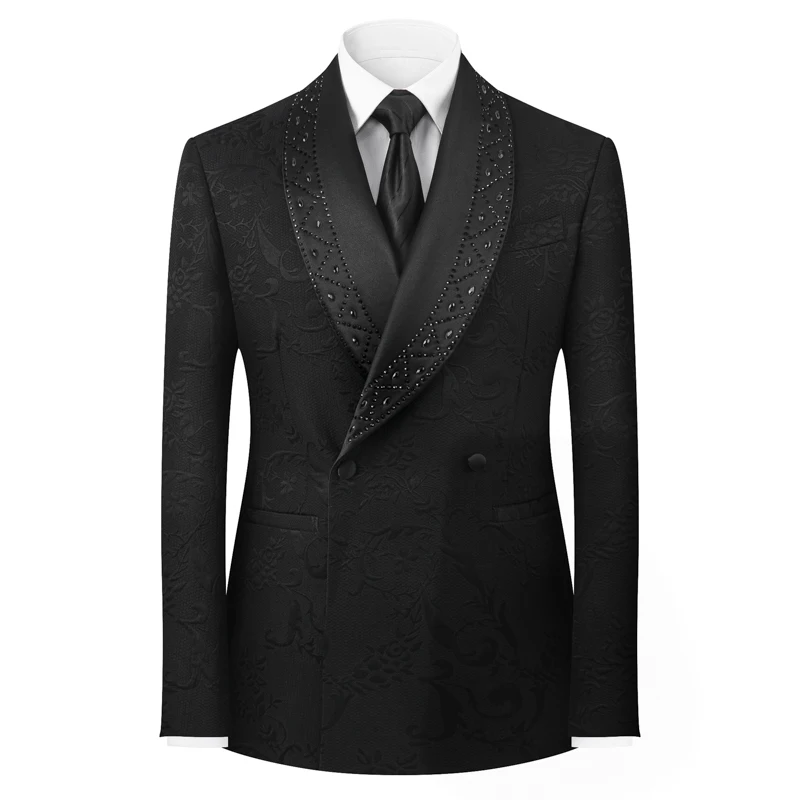 Shawl lapel with Crystal Black Jacquard Wedding Host Men's Suits 2pcs Blazer Vest Pants Formal Party White Groom Tuxedo