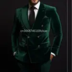 Green Velvet Men Suits Luxury Double Breasted Peak Lapel Regular Length Flat Front Blazer High Quality 2 Piece Jacket Pants 2025