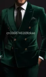 Green Velvet Men Suits Luxury Double Breasted Peak Lapel Regular Length Flat Front Blazer High Quality 2 Piece Jacket Pants 2025