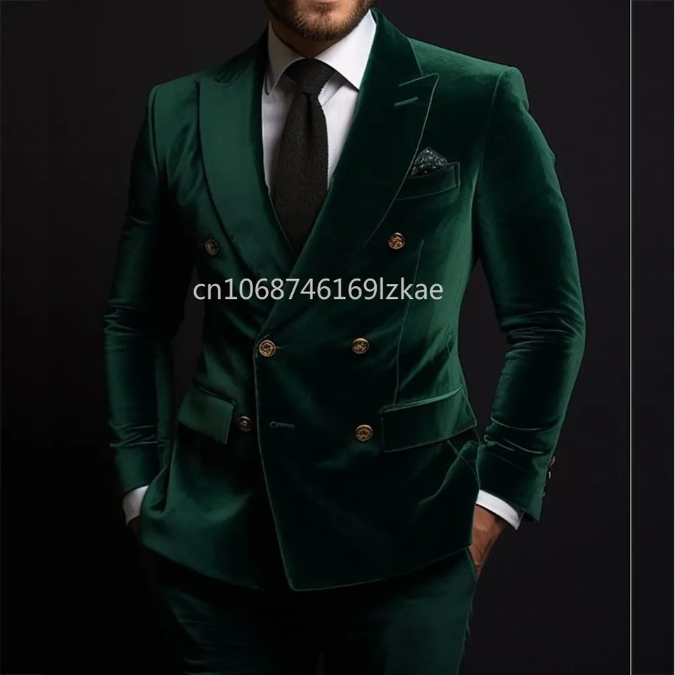 Green Velvet Men Suits Luxury Double Breasted Peak Lapel Regular Length Flat Front Blazer High Quality 2 Piece Jacket Pants 2025