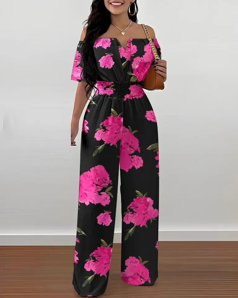 Jumpsuits for Women 2025 Spring Fashion Off Shoulder Casual Plain Short Sleeve Shirred Waist Daily Long Wide Leg Jumpsuit 2025 - Image 2