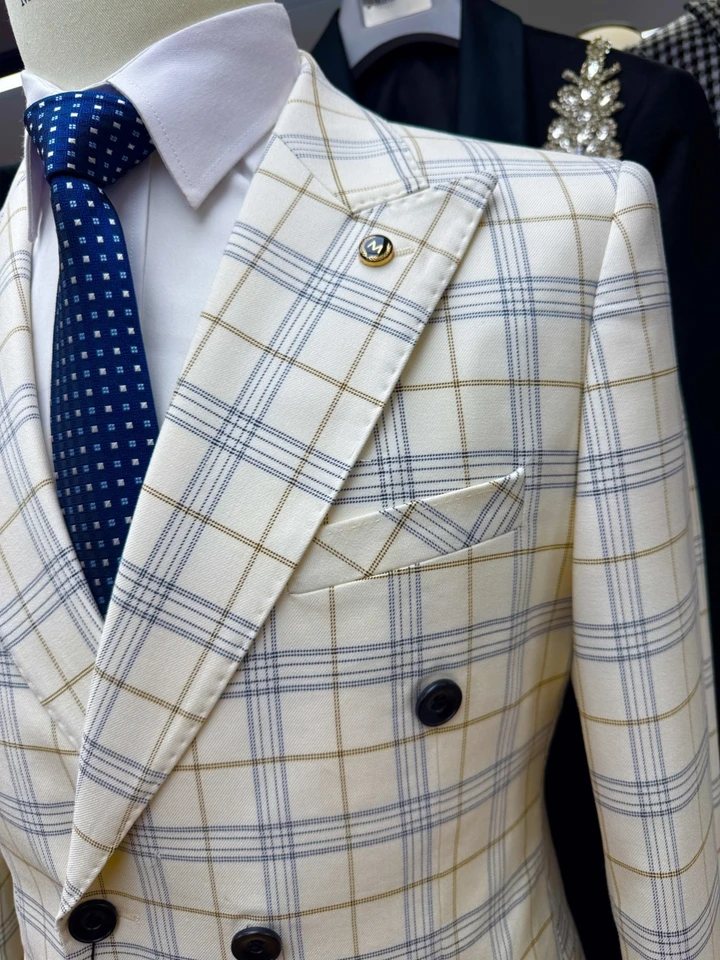 Classic Handsome Plaid Suit Set 2 Pieces For Men Business Outfit Double Breasted Men's Slim Fit Suits Wedding Groom Sets - Image 2