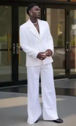 White Double Breasted Suits for Men 2 Pieces Set African Fashion Jacket with Wide-leg Pants Wedding Tuxedo Party Business Suit