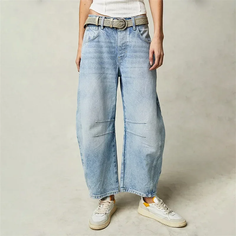 2024 Cropped Jeans for Women y2k Aesthetic Solid Casual Loose Low Waist Baggy Denim Trousers Wide-Leg Washed Jeans Tapered Pants - Image 3