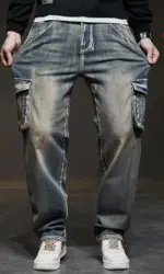 42 44 Plus Size Jeans Men Denim Pants Baggy Jeans Vintage Cargo Pants Loose Fashion Causal Trousers Male Big Size Bottoms