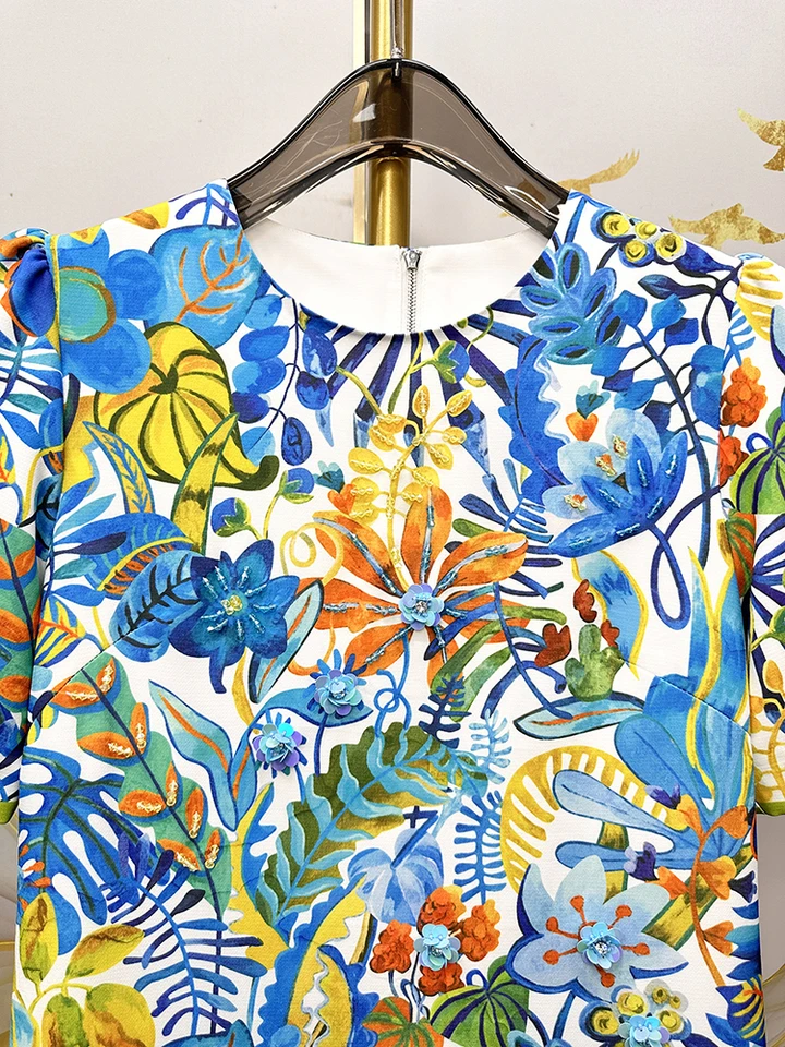 2026 Printed Beaded Dress Women Short Sleeve O Neck a Line Dress Elegant Fashion Summer Ladies Casual Party Midi Dress - Image 3