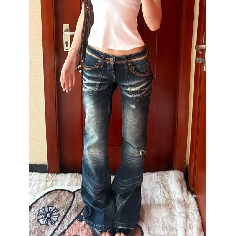 American Vintage Low Waist Heavy Work Waed Women's Jeans Summer Street Y2K Spicy Scratch Micro Flared Pants Blue Long Trousers - Image 2