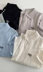 AOSSVIAO 2026 Summer New Korean Fashion Slim Polo shirt Knitted Short Sleeve T-shirt Sweet Bow Embroidered Knitted Women Tops