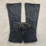 Y2K Vintage Low Rise Flare Jeans Women Harajuku Fashion Pockets Buckle Belt Blue Denim Pants Gothic Hot Girl Slim Fit Trousers