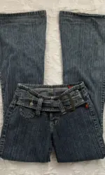 Y2K Vintage Low Rise Flare Jeans Women Harajuku Fashion Pockets Buckle Belt Blue Denim Pants Gothic Hot Girl Slim Fit Trousers