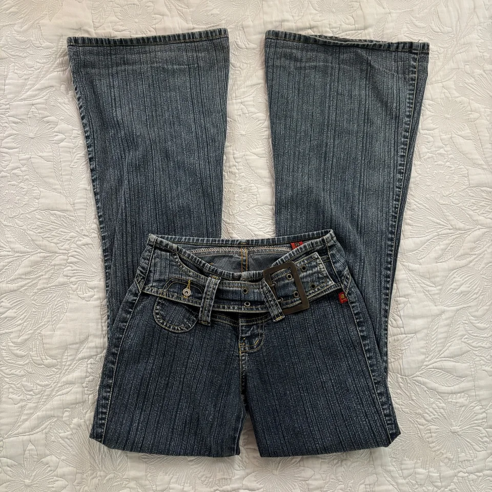 Y2K Vintage Low Rise Flare Jeans Women Harajuku Fashion Pockets Buckle Belt Blue Denim Pants Gothic Hot Girl Slim Fit Trousers