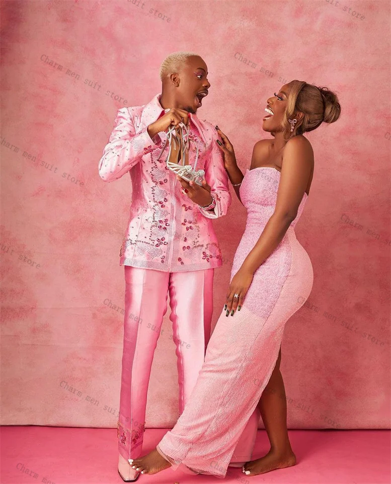 Pink Satin Men Suits Set 2 Pcs Blazer+Pant Trousers Wedding Tuxedo Shiny Crystals Formal Office Business Groom Jacket Coat - Image 2
