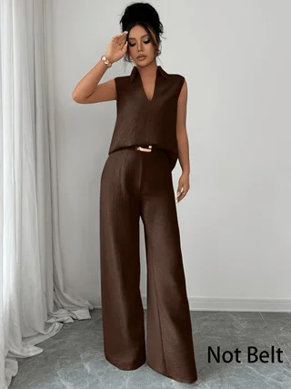 2026 Summer New Sleeveless V-Neck Wide-Leg Pants Set, French-Style High-End Work-Casual Two-Piece Set, Elegant and Slimming Plus-Size Women's Clothing, Suitable for Workplace, Daily Wear, and Vacation Outfits - Image 5