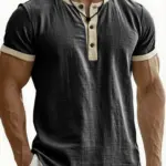 Summer New Men's Cotton Linen Shirt Casual Contrast Trim Short Sleeve Top Breathable Comfort Slim Fit Sports Casual Shirt