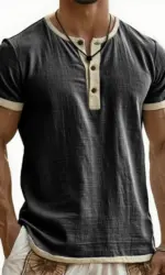 Summer New Men's Cotton Linen Shirt Casual Contrast Trim Short Sleeve Top Breathable Comfort Slim Fit Sports Casual Shirt