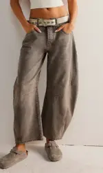High Stretch Mid-Rise Barrel Jeans Fashion Wide Leg Shape Women Casual Baggy Mid Waist Denim Jeans