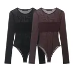 Women's Spring Summer Long Sleeve Sheer Mesh Bodysuit, Chest Panel Coverage, Sexy and Minimalist for Fashion Wear