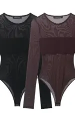Women's Spring Summer Long Sleeve Sheer Mesh Bodysuit, Chest Panel Coverage, Sexy and Minimalist for Fashion Wear