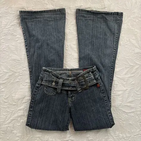 Y2K Vintage Low Rise Flare Jeans Women Harajuku Fashion Pockets Buckle Belt Blue Denim Pants Gothic Hot Girl Slim Fit Trousers - Image 2