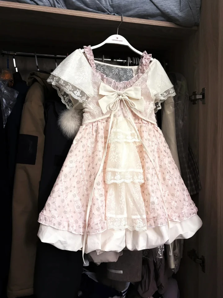 Japanese Kawaii Sweet Women Dress Sets Vintage Fairy Strap Design Short Dresses Harajuku Fashion Lace Female Casual Chic Outfits