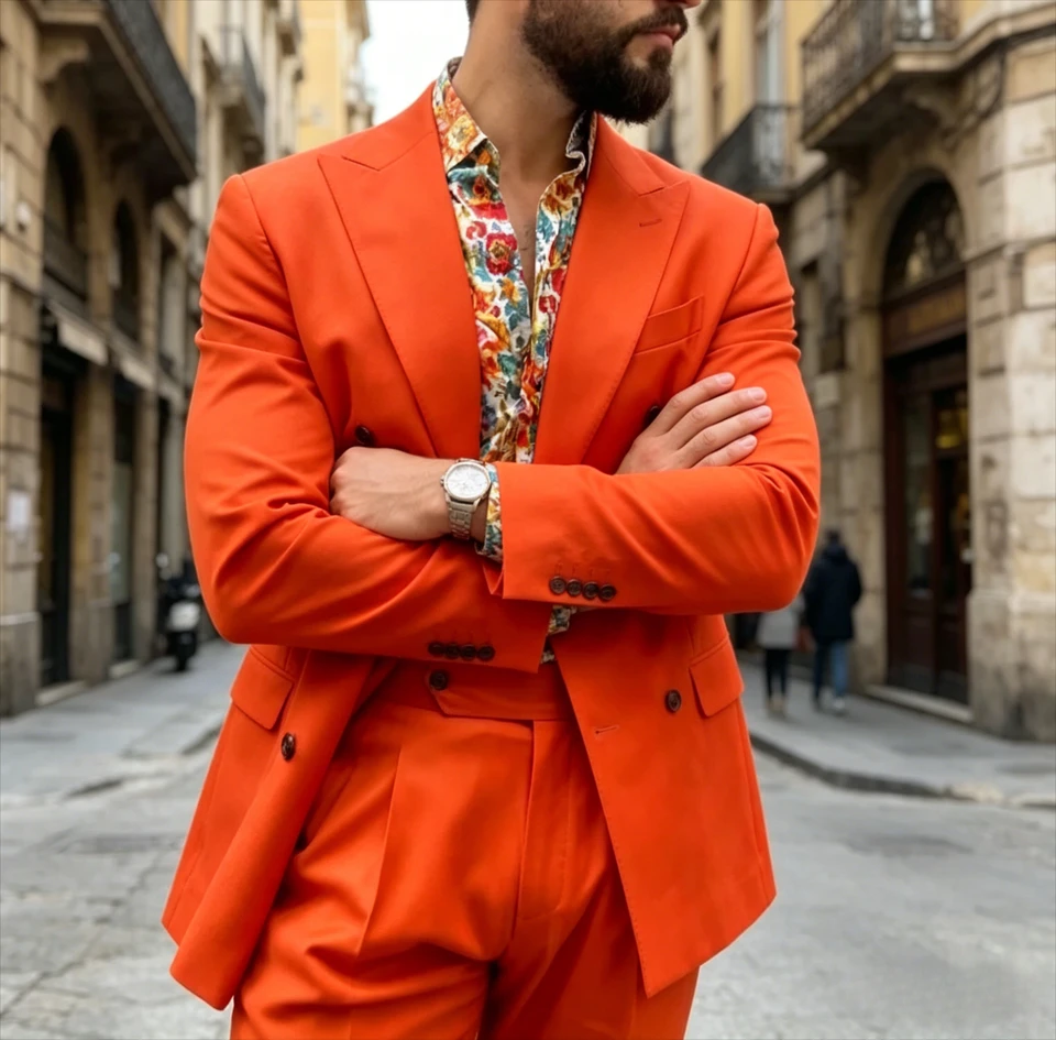 Orange Red Fashion Business Men Suit Groom Groomsman Wedding Party Prom Formal Occasion Tuxedos Male 2 Piece Set Blazer Pants - Image 2
