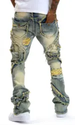 2025 New European and American men's casual jeans, street punk fashion, retro, ripped hole, slightly flared tassel elastic jeans