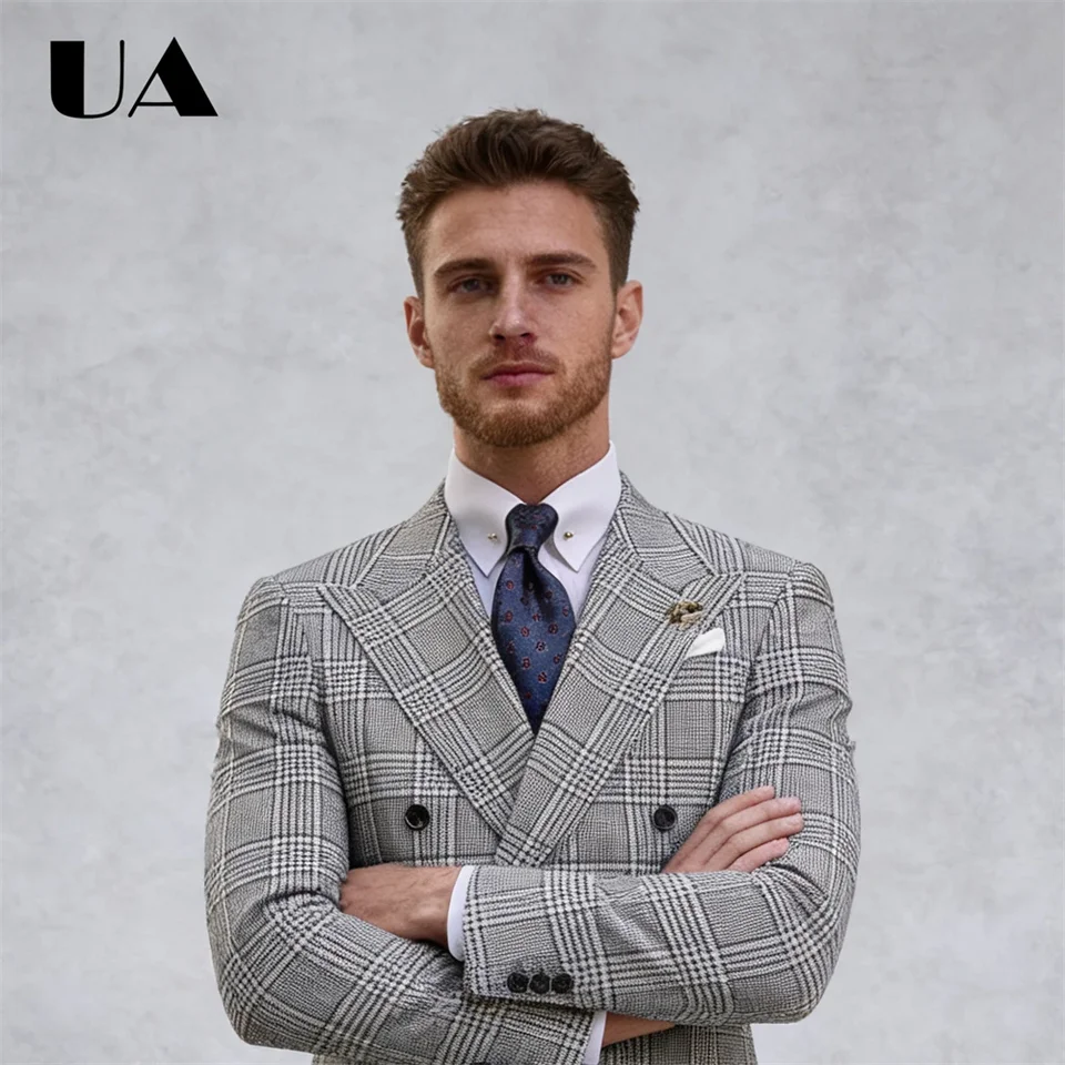 Retro Checkered Suit Set Including Jacket and Pants, Men's Formal Suit Double Breasted Jacket XXS-7XL Tuxedo Blazer Trousers - Image 3