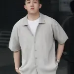 Miyake Pleated Short Sleeve Shirt Casual Solid Color Shirts Summer Button Lapel Top Men