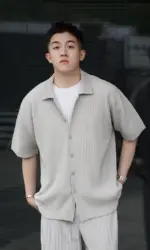 Miyake Pleated Short Sleeve Shirt Casual Solid Color Shirts Summer Button Lapel Top Men