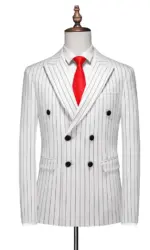 White Men's Vertical Stripe Suit Jacket, Double Breasted Slim Fit Dress Coat, Red Wedding Party Blazers, Asian Size M-5XL,6XL.