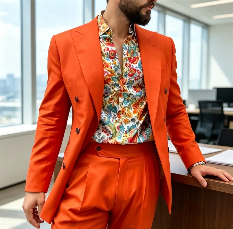 Orange Red Fashion Business Men Suit Groom Groomsman Wedding Party Prom Formal Occasion Tuxedos Male 2 Piece Set Blazer Pants - Image 3