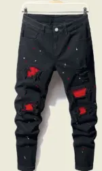 Men's splatter-paint patchwork jeans, ripped jeans, slim-fit stretch jeans, all-season jeans, suitable as a gift for boyfriends
