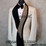 Customized Long Shawl Hand Embroidered Men Suits Elegant White Check Jacquard Groom Wedding Tuxedo 2 Pcs Sets Male Prom Blazers