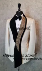 Customized Long Shawl Hand Embroidered Men Suits Elegant White Check Jacquard Groom Wedding Tuxedo 2 Pcs Sets Male Prom Blazers