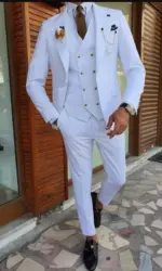 Men's Suits Slim Fit (Jacket+Pants+Vest) Handsome White 3 Piece Groom Tuxedos for Wedding Formal Prom Suit Party Evening Terno