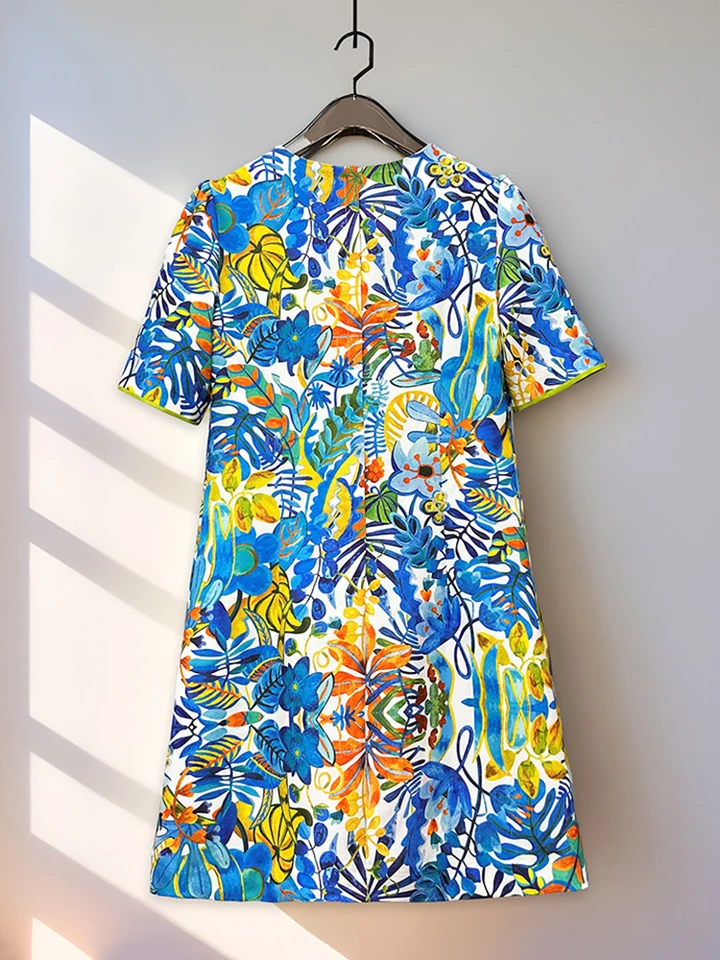 2026 Printed Beaded Dress Women Short Sleeve O Neck a Line Dress Elegant Fashion Summer Ladies Casual Party Midi Dress - Image 2