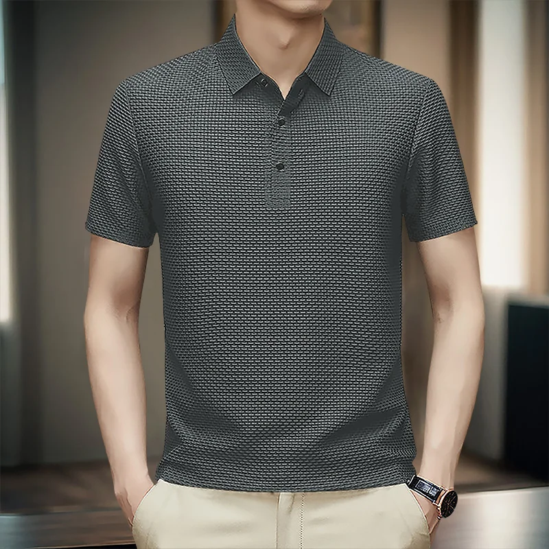 Men's Summer Ice Silk Nylon Bubble Grid Polo Shirt Short Sleeve Button Placket Breathable Hight Stretchy Casual Business Tops - Image 2