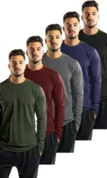 5-piece men's solid color round neck long sleeved T-shirt, versatile design, comfortable and fashionable