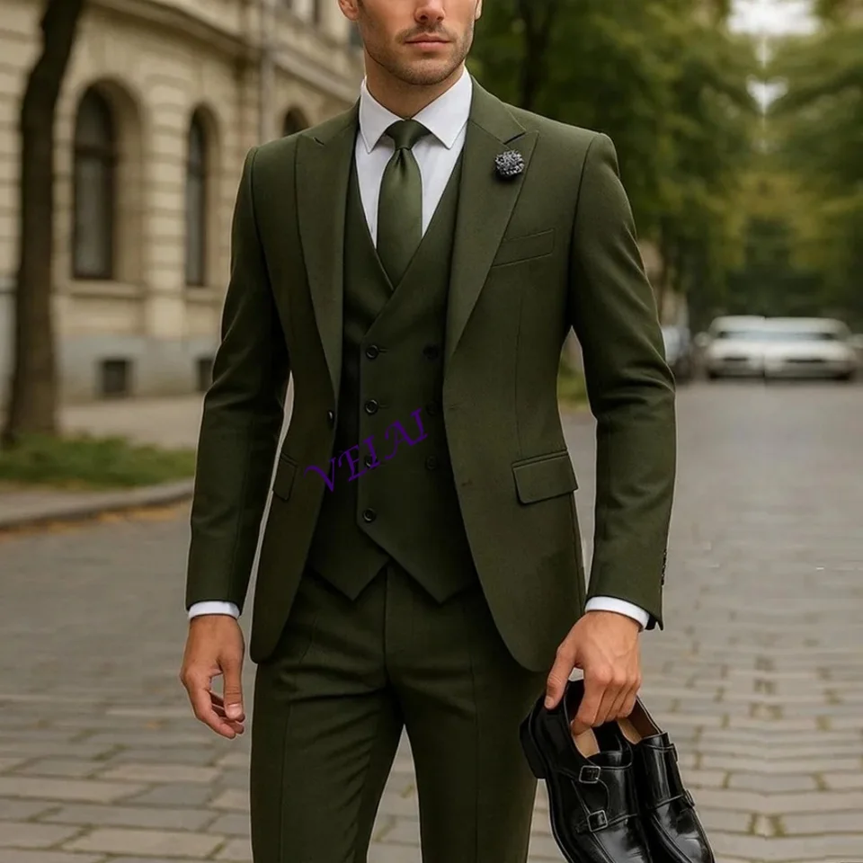 CustomizedNew Army Green Men Suit Wedding Party Formal Groom Groomsman Prom Business Male Tuxedos 3 Piece Set Jacket Vest Pants - Image 5