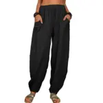 Women Cotton hemp Pants Summer Casual Vintage Pockets Thin Beach Trousers Female Elastic Waist Wide Leg Retro Loose Harem Pants