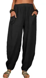 Women Cotton hemp Pants Summer Casual Vintage Pockets Thin Beach Trousers Female Elastic Waist Wide Leg Retro Loose Harem Pants