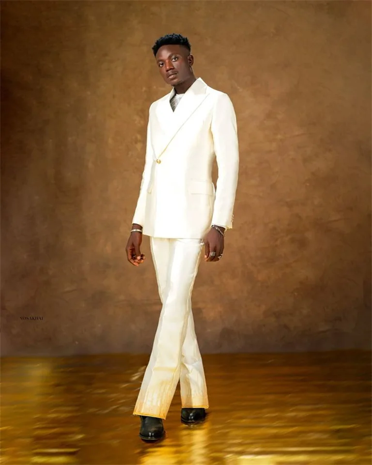 White Satin Men Suits Set 2 Pcs Blazer+Pants Trousers Gold Beaded Wedding Tuxedo Formal Office Business Groom Jacket Coat - Image 2