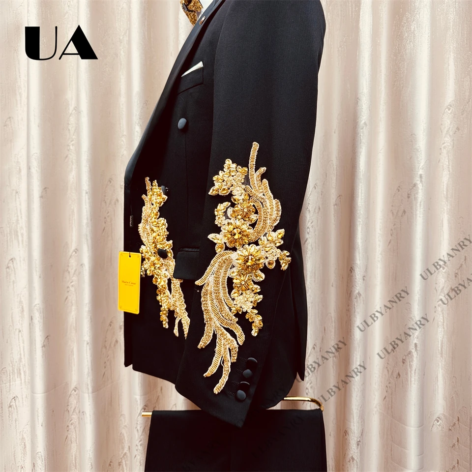Mens Luxury Formal Suit Jacket & Pants, Gold Appliques Single-Breasted Suit Blazer with Black Trousers Events Prom Suit Attire - Image 4