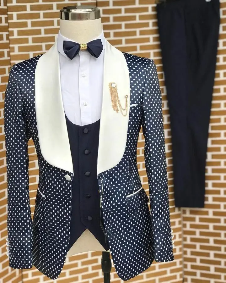 Polka Dots Formal Men Suits for Wedding Party Custom Made Groom Tuxedo Set Male Jacket Pants Vest 3 Pieces African Male Fashion - Image 3