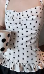 New Polka Dot Print Tops Women Halter Low-Neck Bandage Ruffles Backless Sleeveless Skinny Fashion Street Versatile Vest